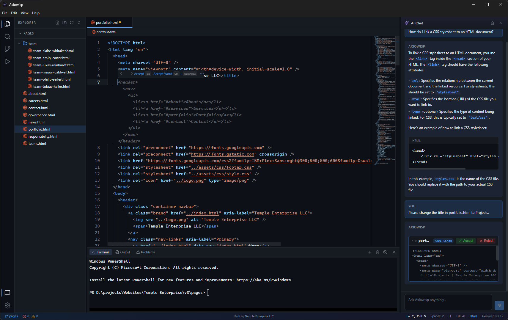 Axiowisp AI integration — inline completions and code review panel