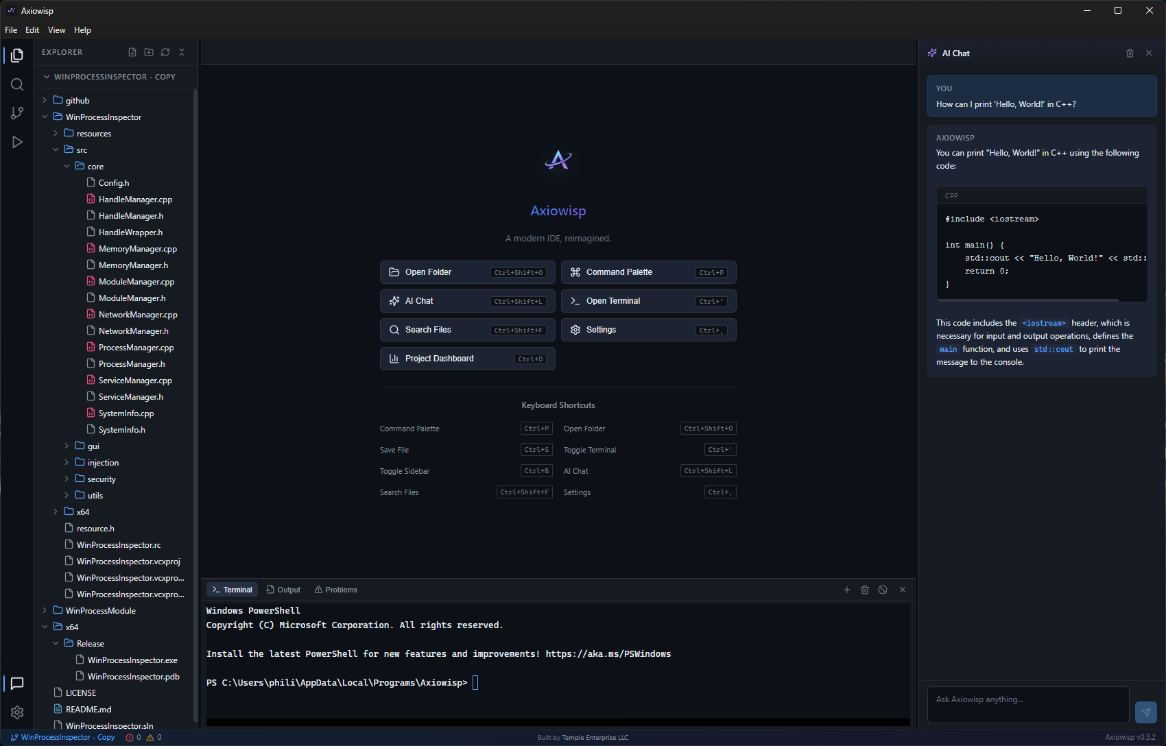 Axiowisp IDE — Monaco editor with AI completions, file explorer, and integrated terminal